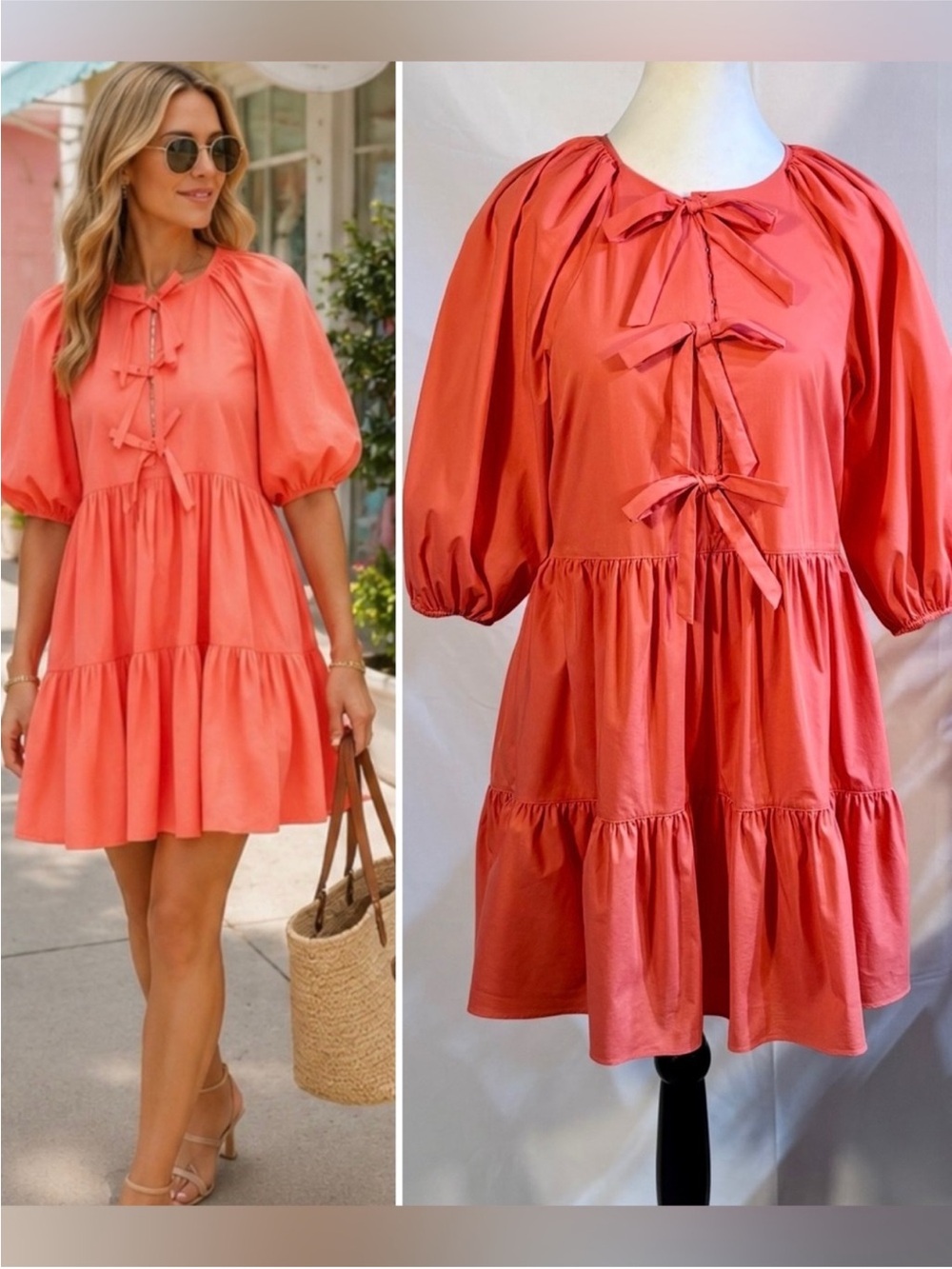 💥Cinq a Sept Lynn Tiered Puff Sleeve Mini Dress Neon Coral Bow Detail Sz 2🧡